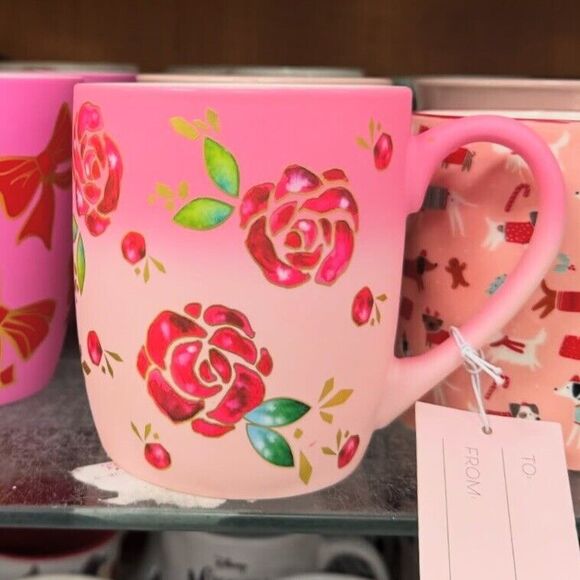New Petal And Pearl Soft Touch Ceramic Mug Pink With Gold Trim Red Roses - Picture 1 of 6